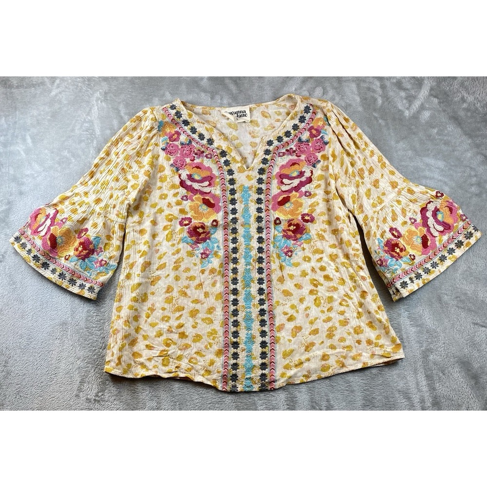 Savanna Jane Shirt‎ Women's Small Multi  Colored Boho Embroidered, V-Neck